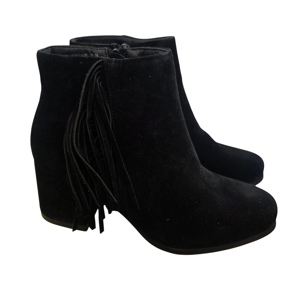 Black Suede Fringed Heeled Ankle Boots Women's Size 6 Side Zip Block Heel